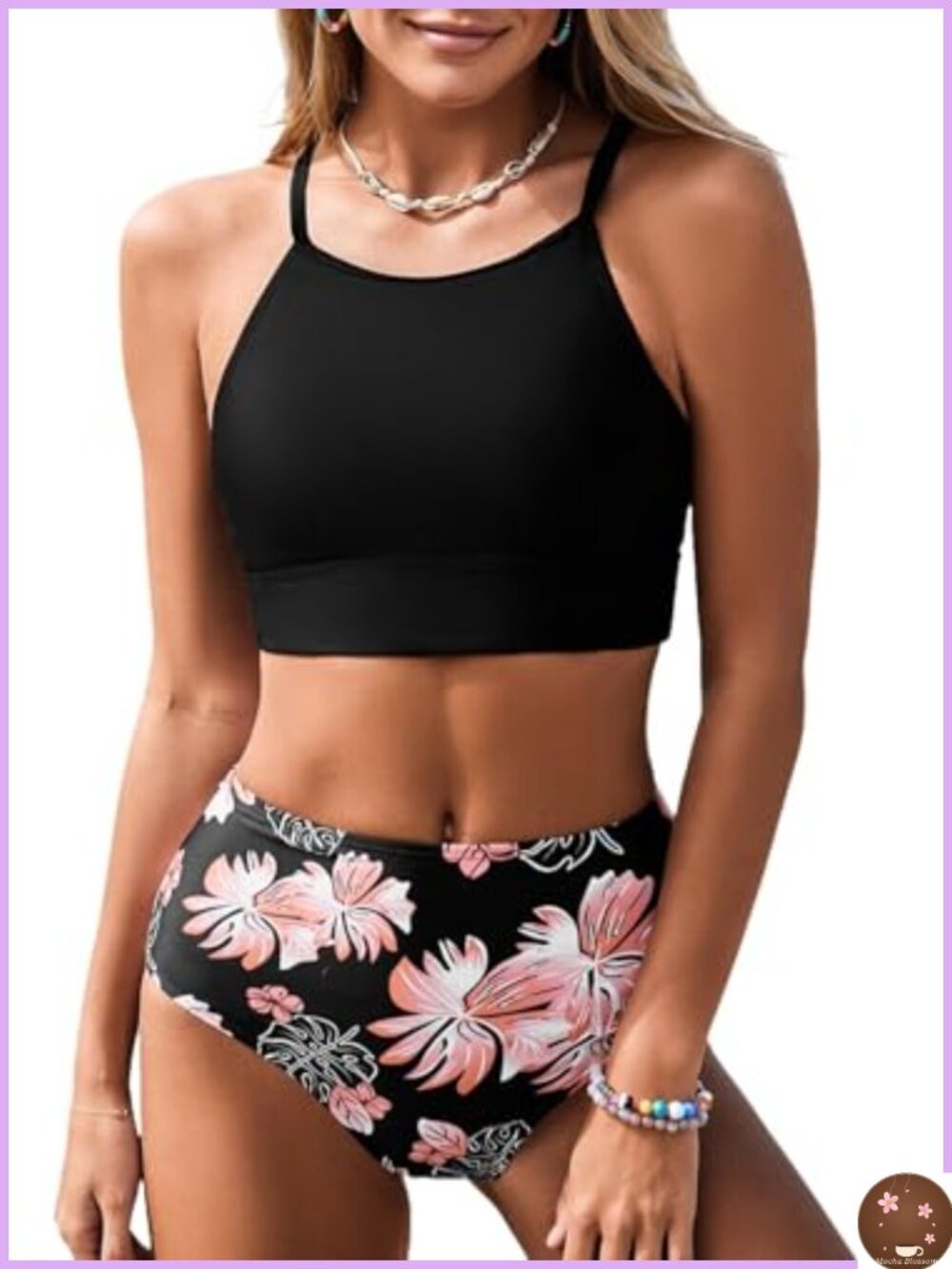 High Neck Bikini Set with Tropical Leaf Print, High Waisted Two Piece Swimwear